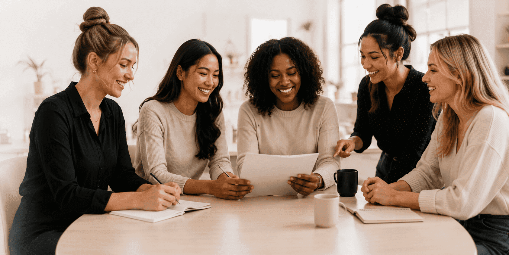 Team collaborating closely at a workspace table
