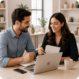 Two team members reviewing code adjustments on a laptop workspace