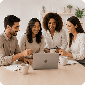 Group of tech professionals actively collaborating around an office desk