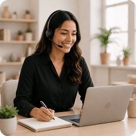Support representative actively handling booking operations via headset and laptop
