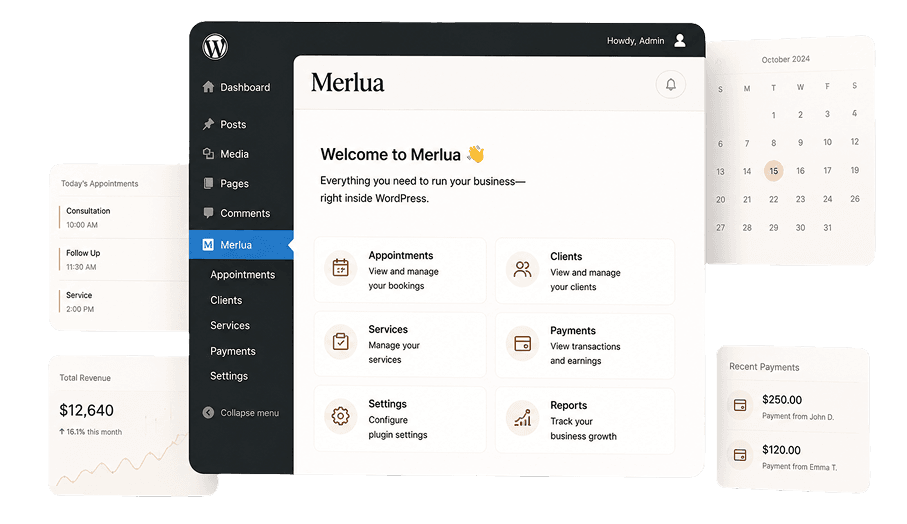 Merlua WordPress dashboard showing appointments, clients, and payments